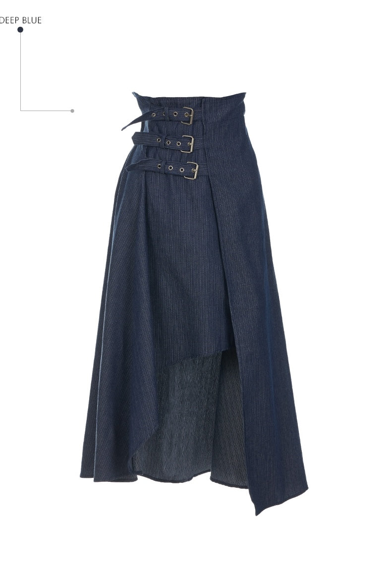 Asymmetric Buckle Denim Skirt