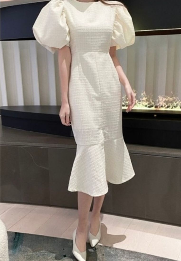 Allure Celine Puff Tweed Dress Ivory
