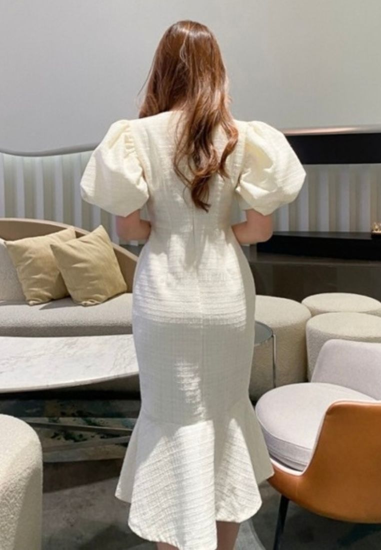 Allure Celine Puff Tweed Dress Ivory