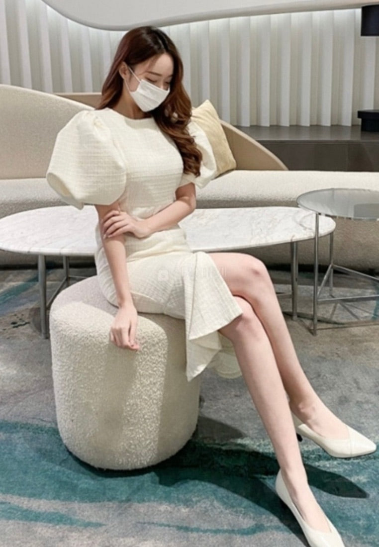Allure Celine Puff Tweed Dress Ivory