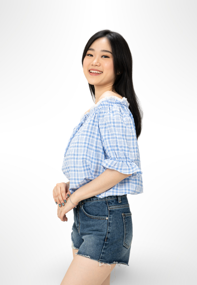 Korean Blue Plaid Top By Kerri