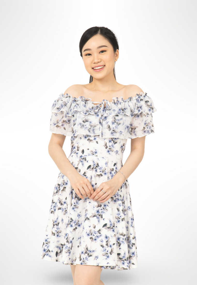 Blue Korean Sabrina Floral Dress