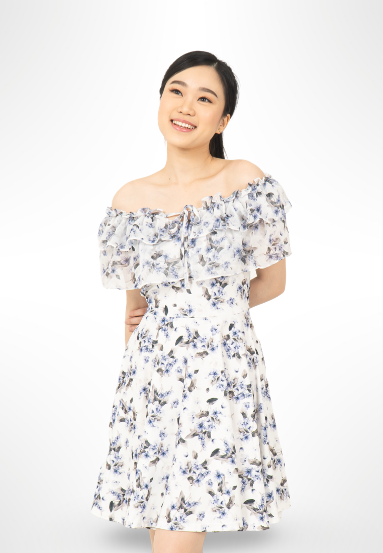 Blue Korean Sabrina Floral Dress