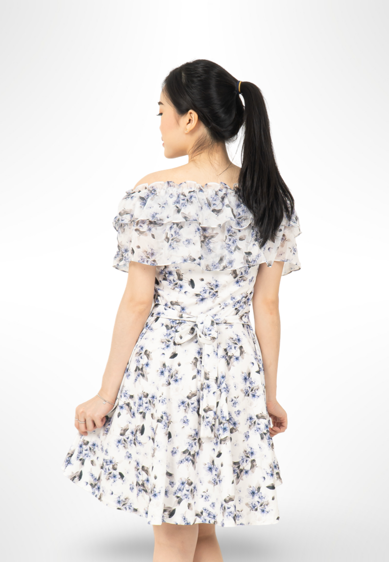 Blue Korean Sabrina Floral Dress