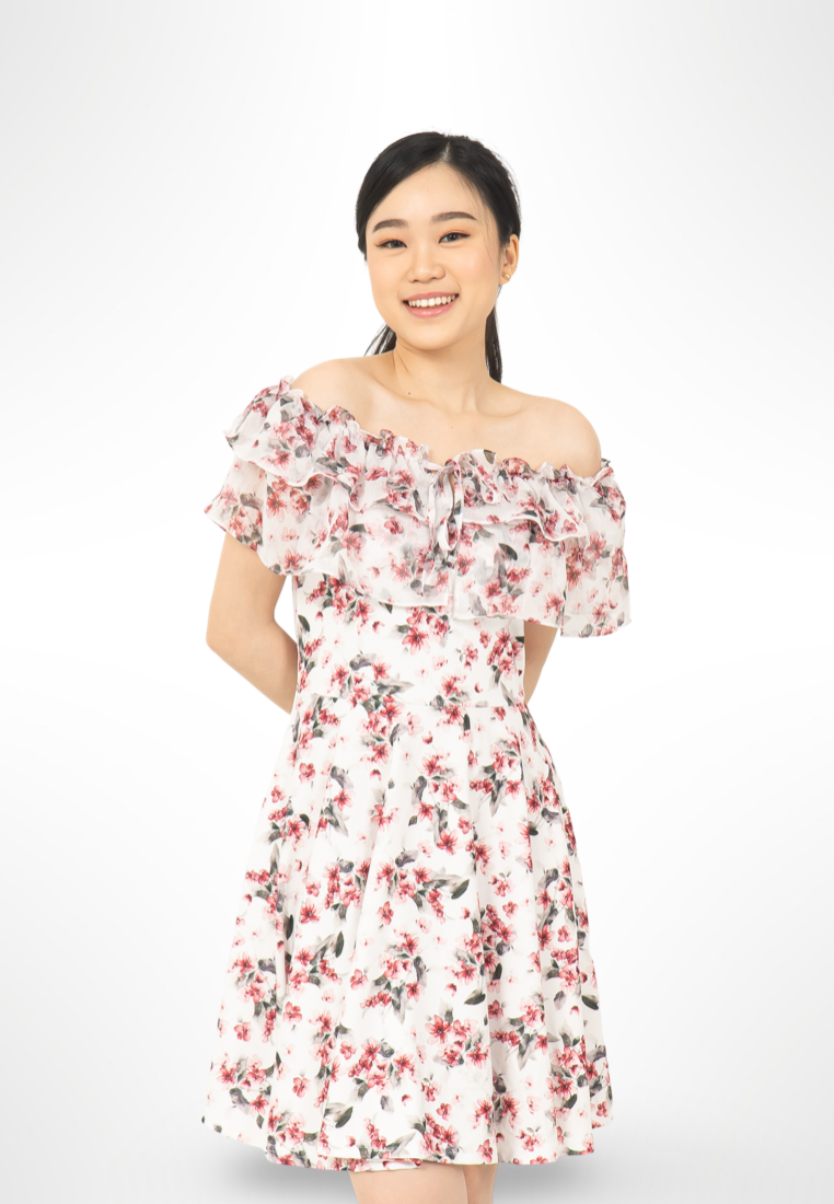 Red Korean Sabrina Floral Dress