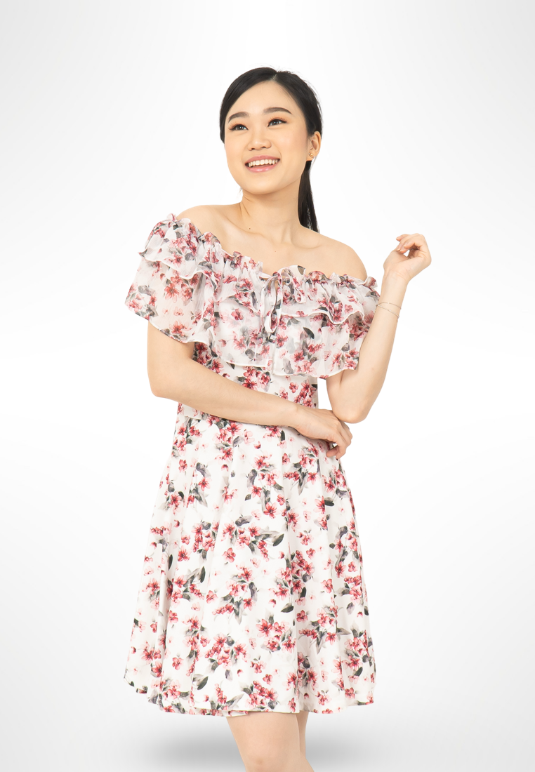 Red Korean Sabrina Floral Dress