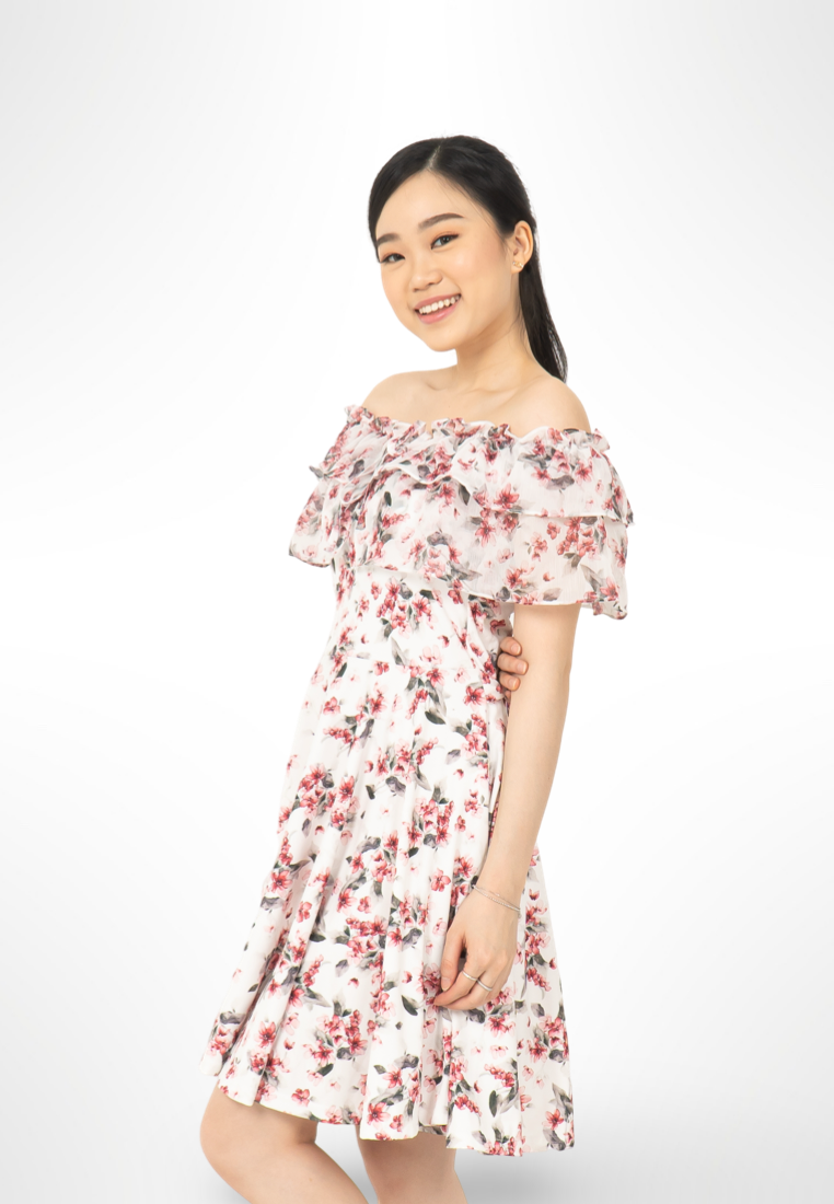 Red Korean Sabrina Floral Dress