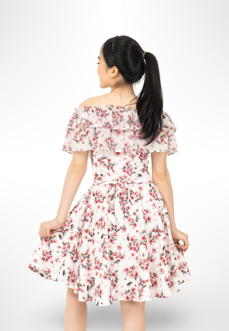 Red Korean Sabrina Floral Dress