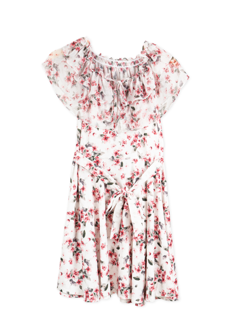 Red Korean Sabrina Floral Dress