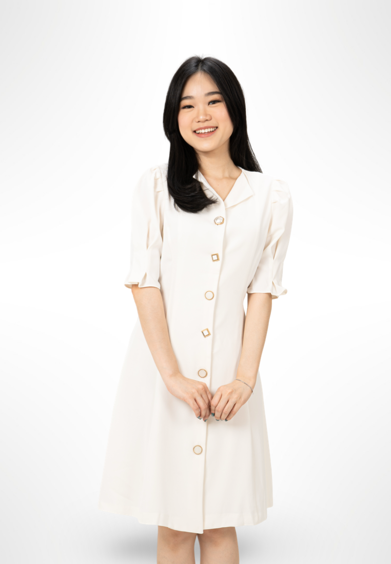 Korean Button White Dress By Bling