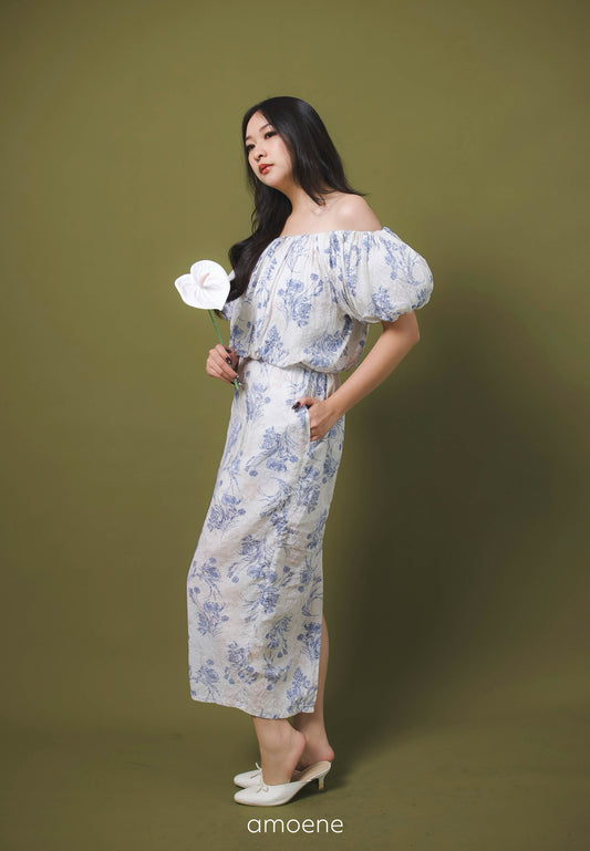 [MADE] High Linen Flower Off Shoulder Dress Blue Ivory