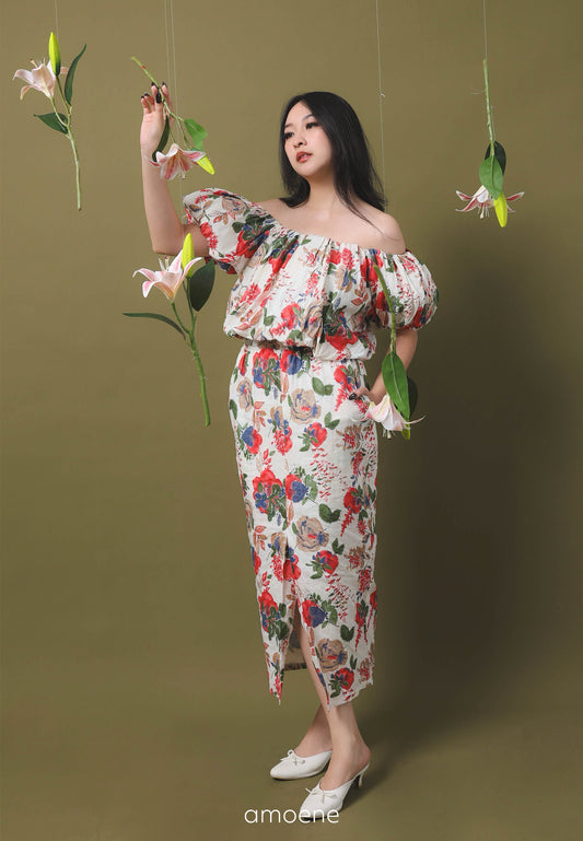 [MADE] High Linen Flower Off Shoulder Dress Red Ivory