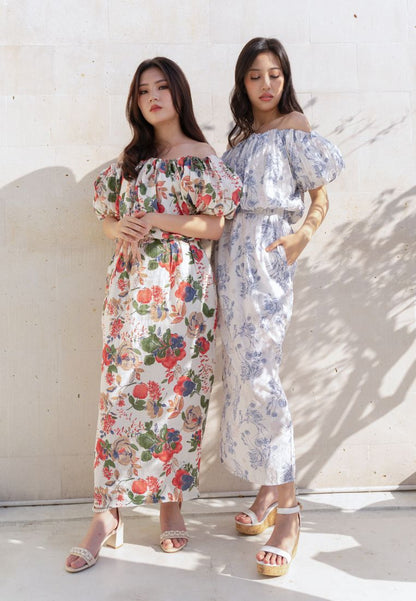 [MADE] High Linen Flower Off Shoulder Dress Blue Ivory