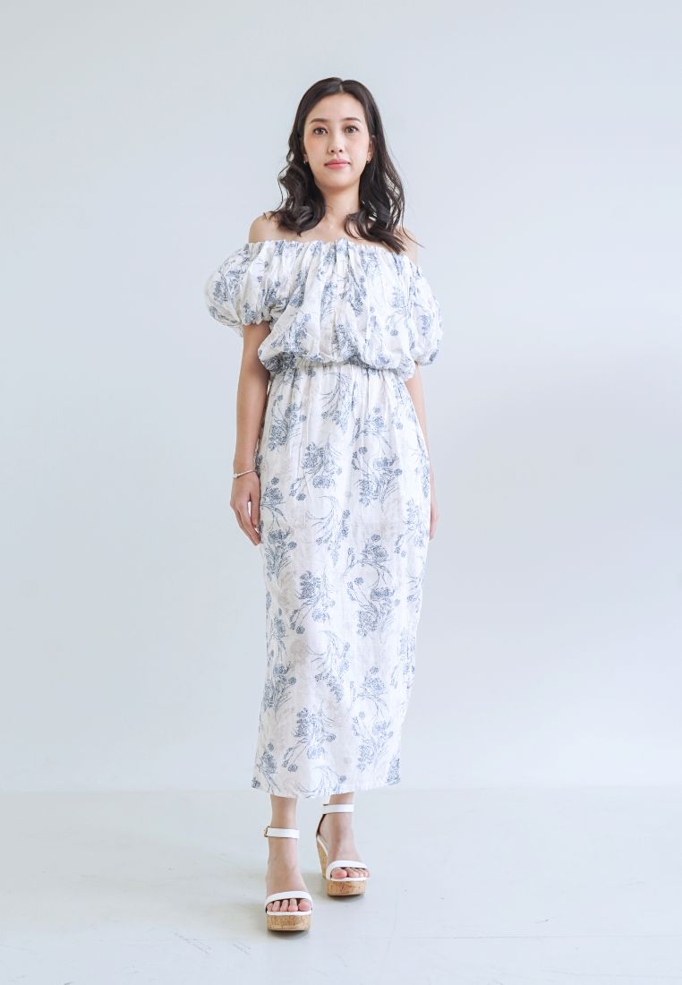 [MADE] High Linen Flower Off Shoulder Dress Blue Ivory