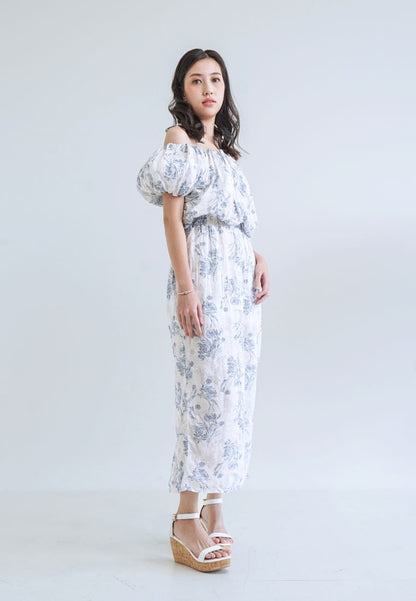 [MADE] High Linen Flower Off Shoulder Dress Blue Ivory
