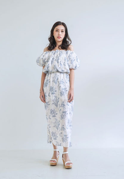 [MADE] High Linen Flower Off Shoulder Dress Blue Ivory