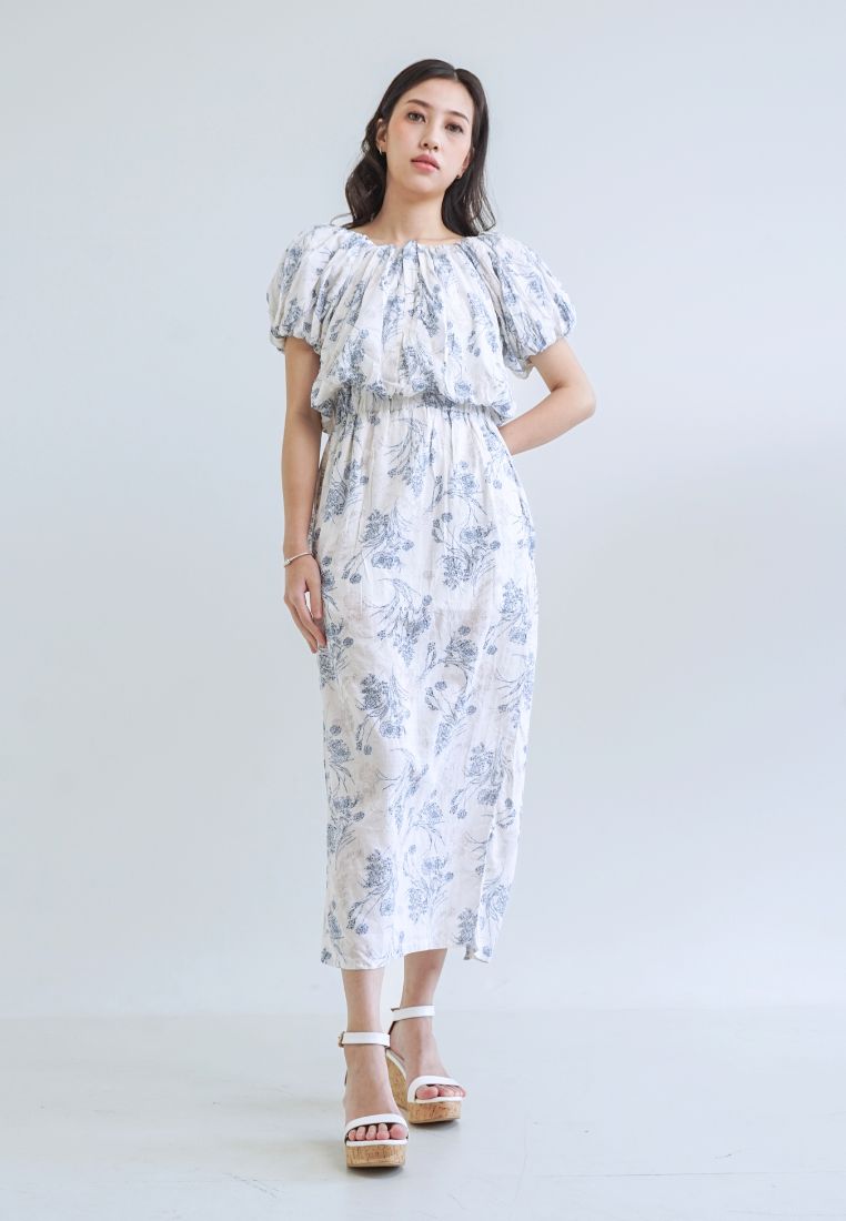 [MADE] High Linen Flower Off Shoulder Dress Blue Ivory