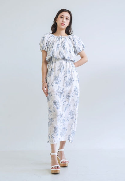 [MADE] High Linen Flower Off Shoulder Dress Blue Ivory