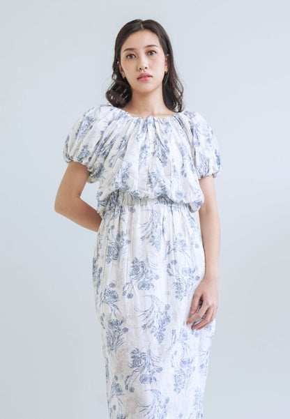 [MADE] High Linen Flower Off Shoulder Dress Blue Ivory