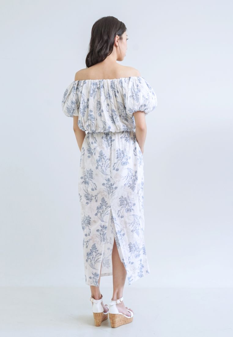 [MADE] High Linen Flower Off Shoulder Dress Blue Ivory