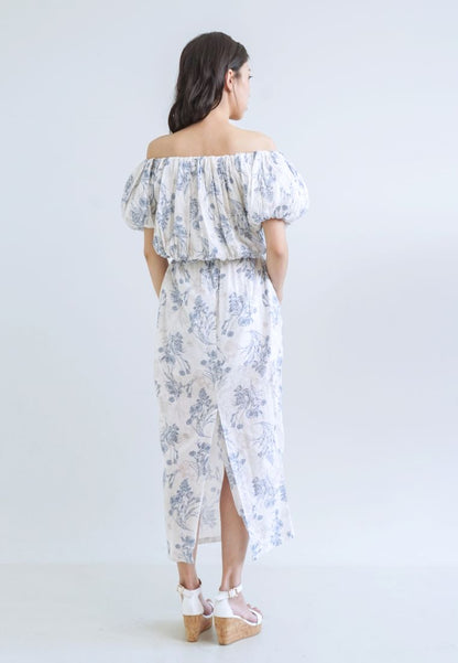 [MADE] High Linen Flower Off Shoulder Dress Blue Ivory