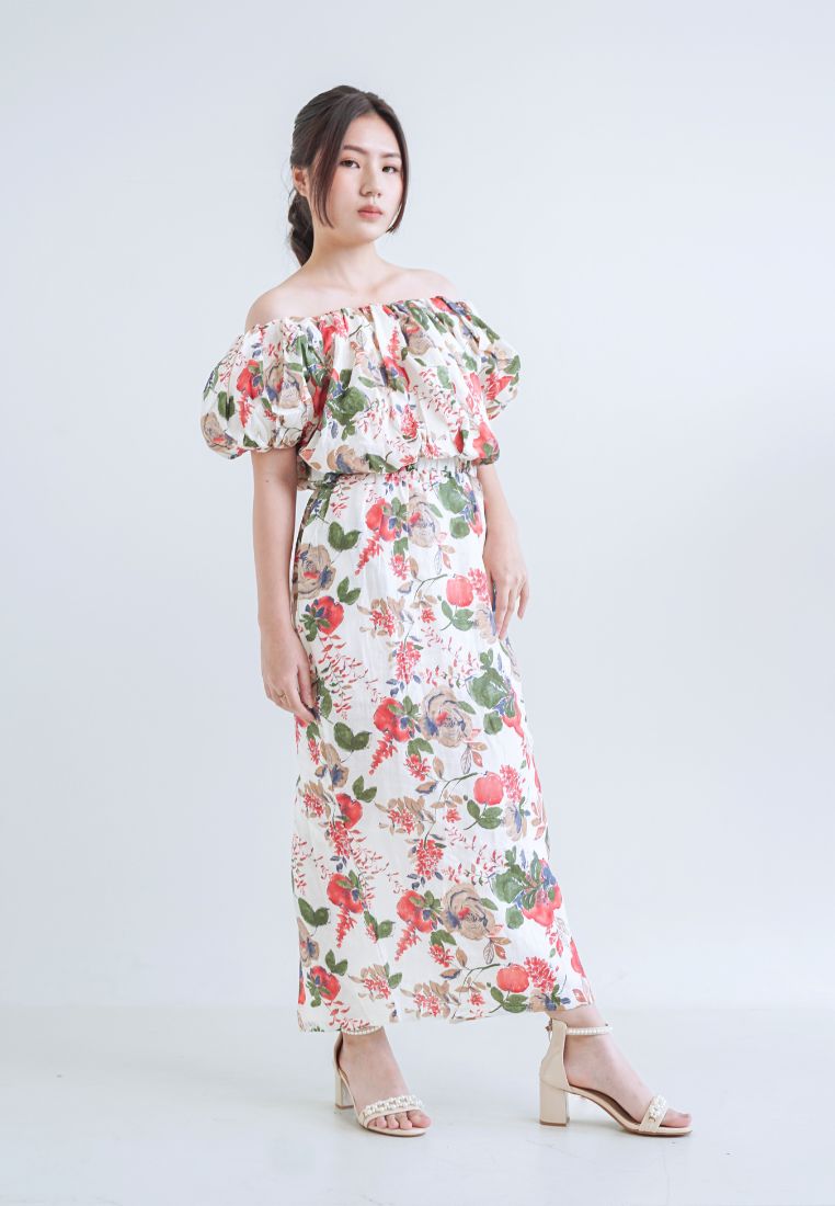 [MADE] High Linen Flower Off Shoulder Dress Red Ivory