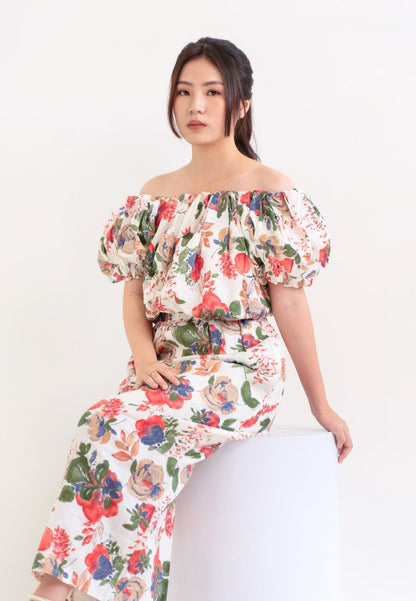 [MADE] High Linen Flower Off Shoulder Dress Red Ivory