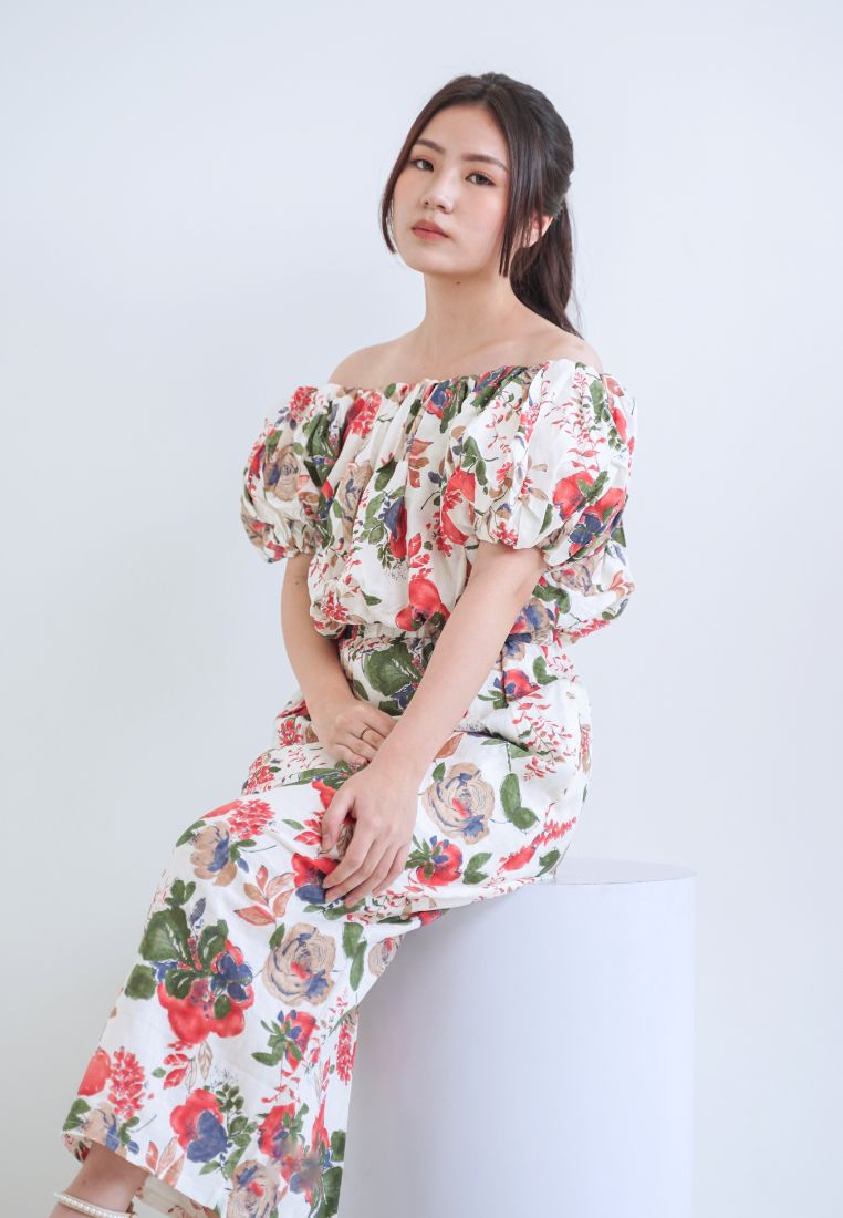 [MADE] High Linen Flower Off Shoulder Dress Red Ivory
