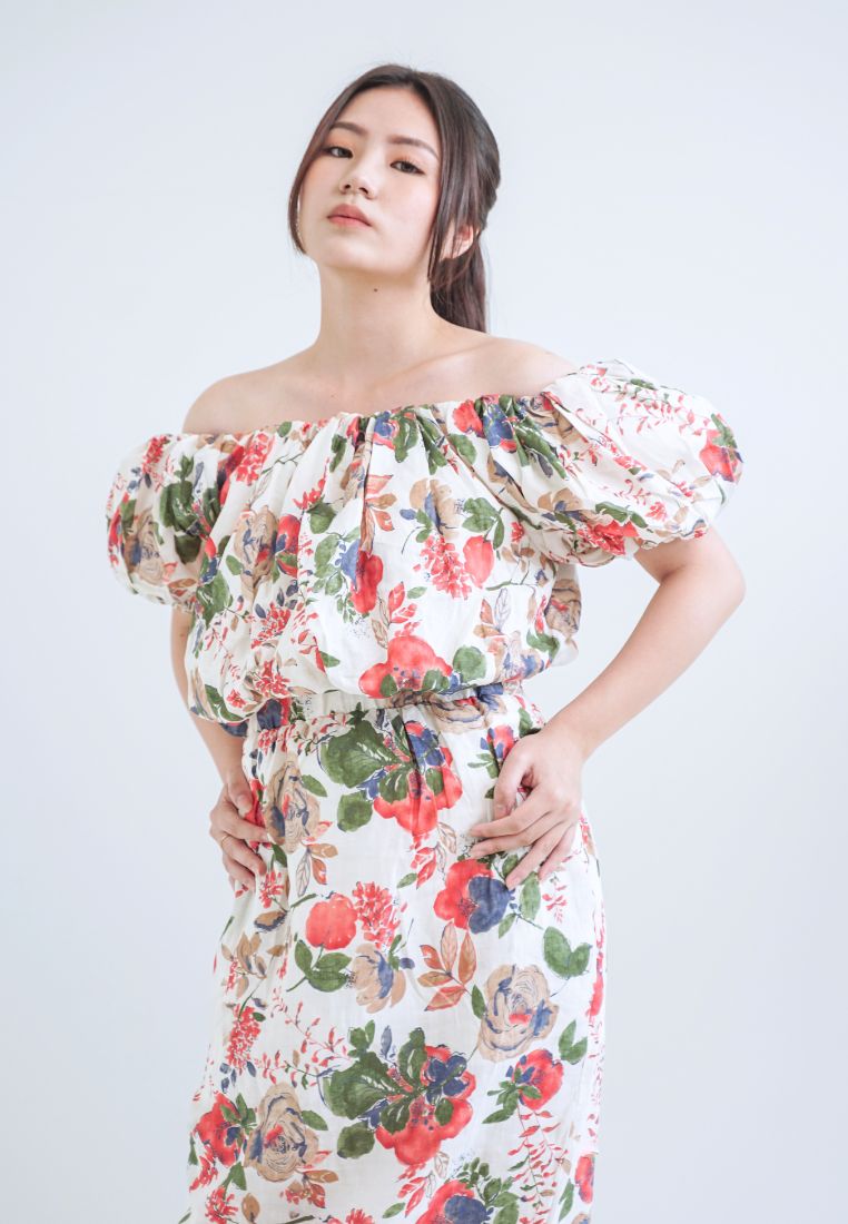 [MADE] High Linen Flower Off Shoulder Dress Red Ivory