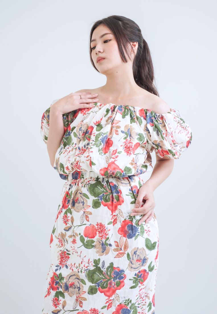 [MADE] High Linen Flower Off Shoulder Dress Red Ivory