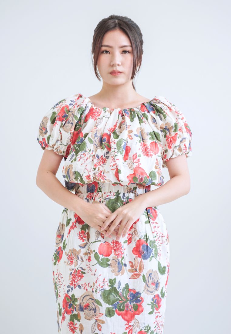 [MADE] High Linen Flower Off Shoulder Dress Red Ivory