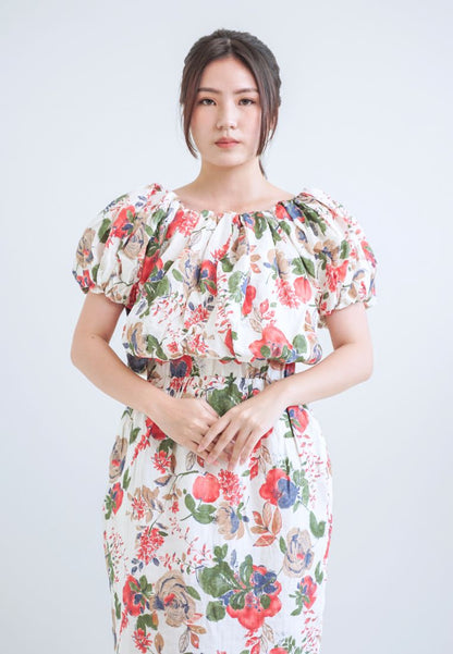 [MADE] High Linen Flower Off Shoulder Dress Red Ivory