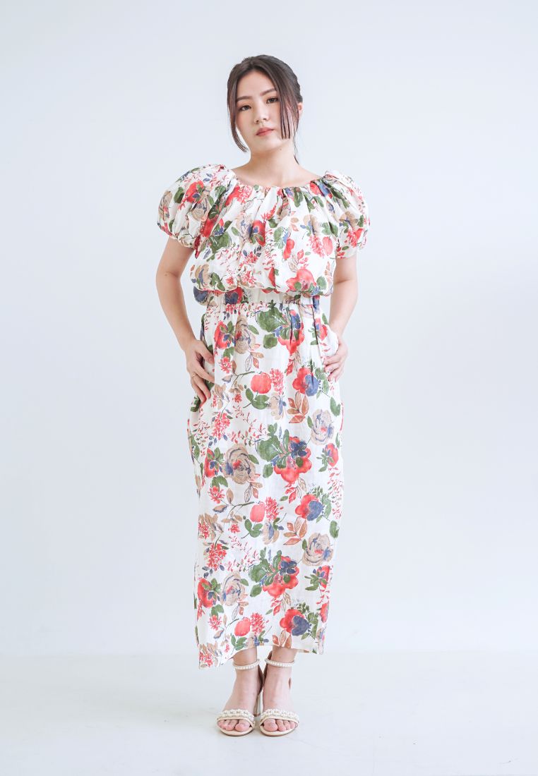 [MADE] High Linen Flower Off Shoulder Dress Red Ivory