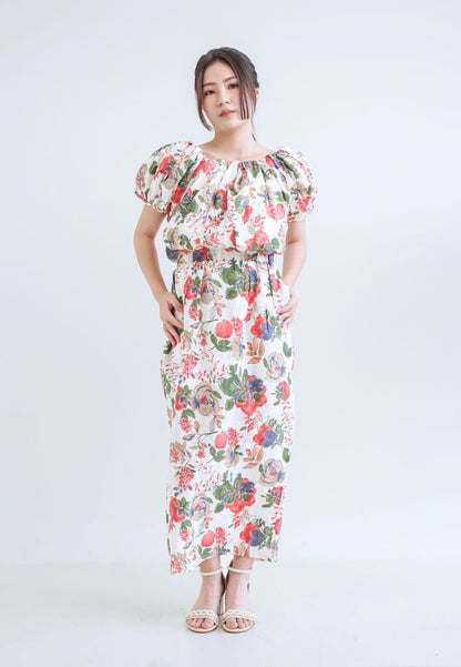 [MADE] High Linen Flower Off Shoulder Dress Red Ivory