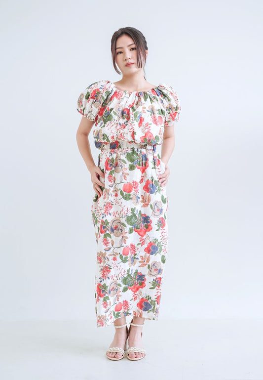 [MADE] High Linen Flower Off Shoulder Dress Red Ivory