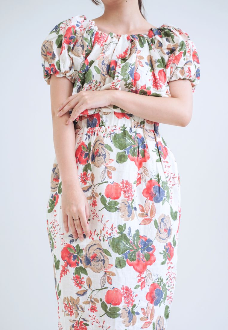 [MADE] High Linen Flower Off Shoulder Dress Red Ivory