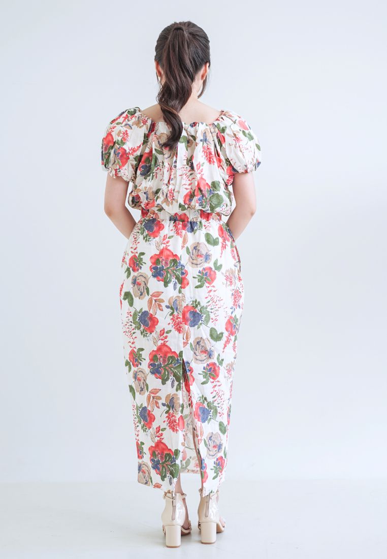 [MADE] High Linen Flower Off Shoulder Dress Red Ivory