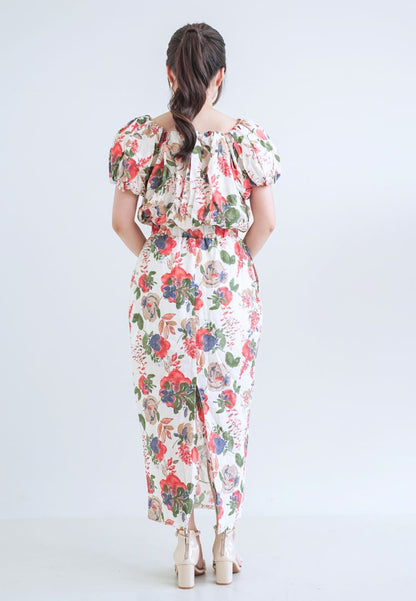 [MADE] High Linen Flower Off Shoulder Dress Red Ivory