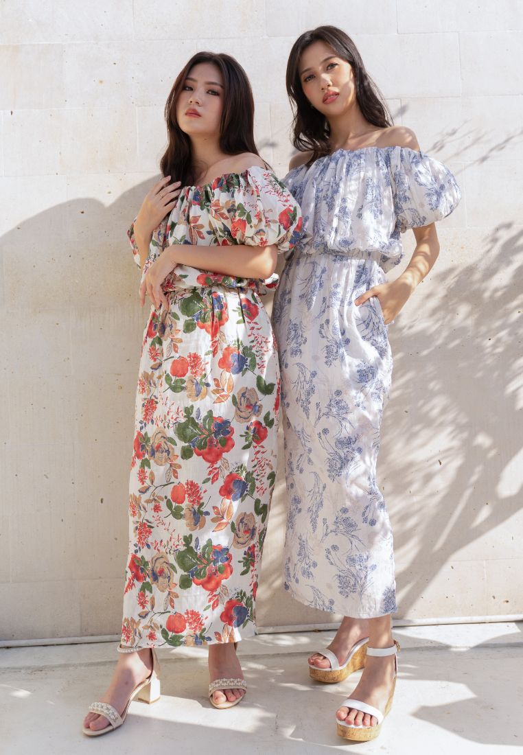[MADE] High Linen Flower Off Shoulder Dress Blue Ivory
