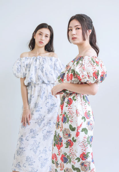 [MADE] High Linen Flower Off Shoulder Dress Blue Ivory