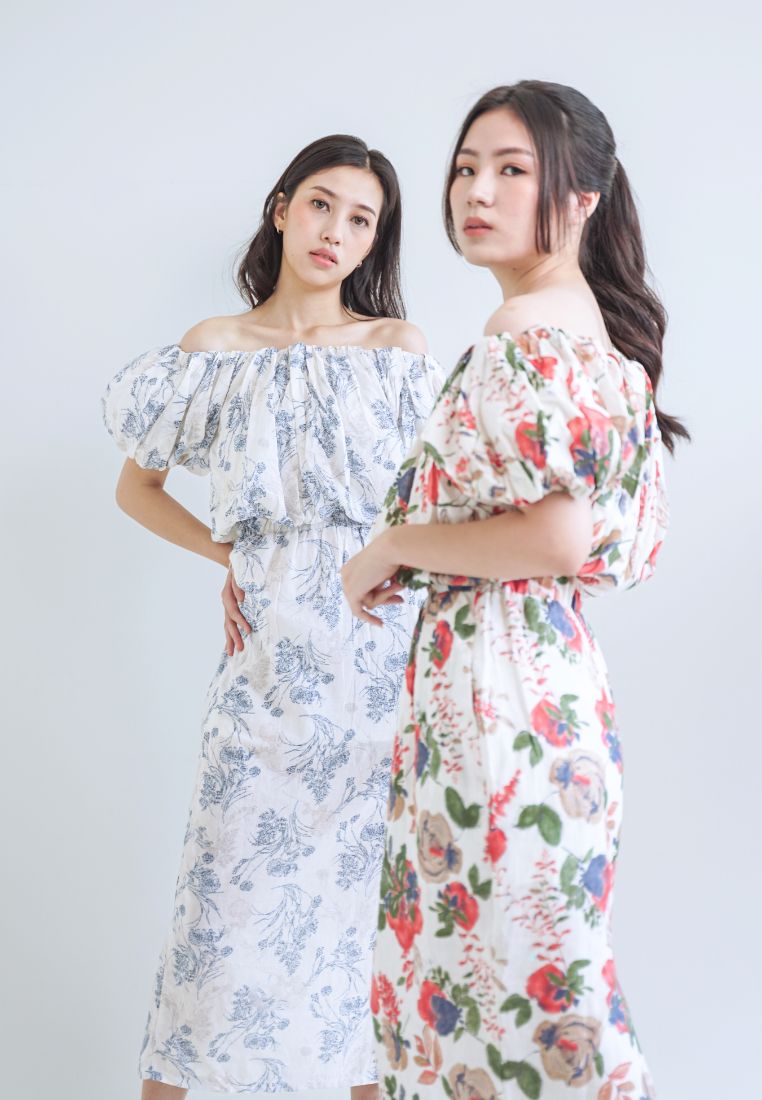 [MADE] High Linen Flower Off Shoulder Dress Blue Ivory