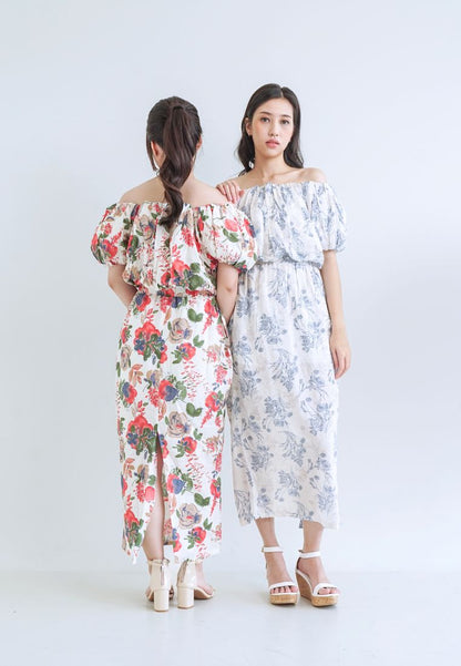 [MADE] High Linen Flower Off Shoulder Dress Blue Ivory