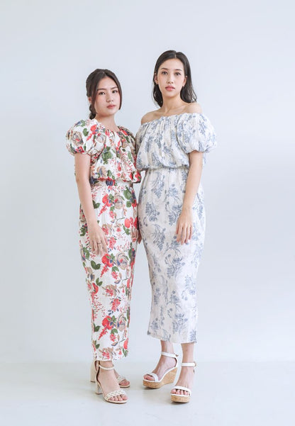 [MADE] High Linen Flower Off Shoulder Dress Blue Ivory