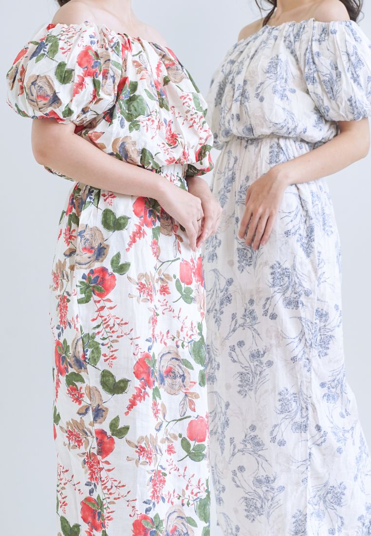 [MADE] High Linen Flower Off Shoulder Dress Blue Ivory