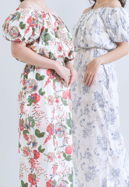 [MADE] High Linen Flower Off Shoulder Dress Blue Ivory