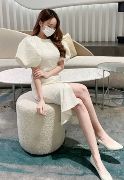 Allure Celine Puff Tweed Dress Ivory