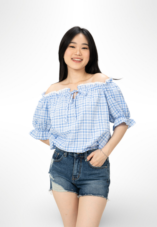 Korean Blue Plaid Top By Kerri