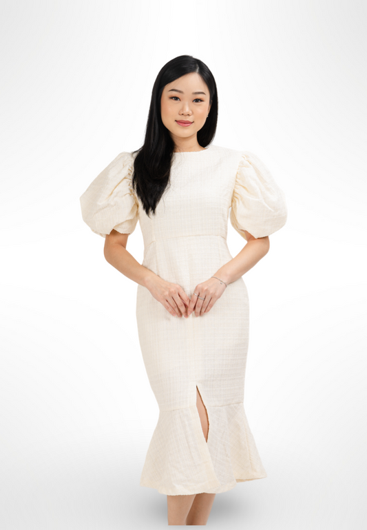Allure Celine Puff Tweed Dress Ivory