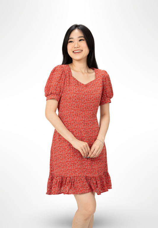 Bubble Sleeve Floral Dress Red By Youkki