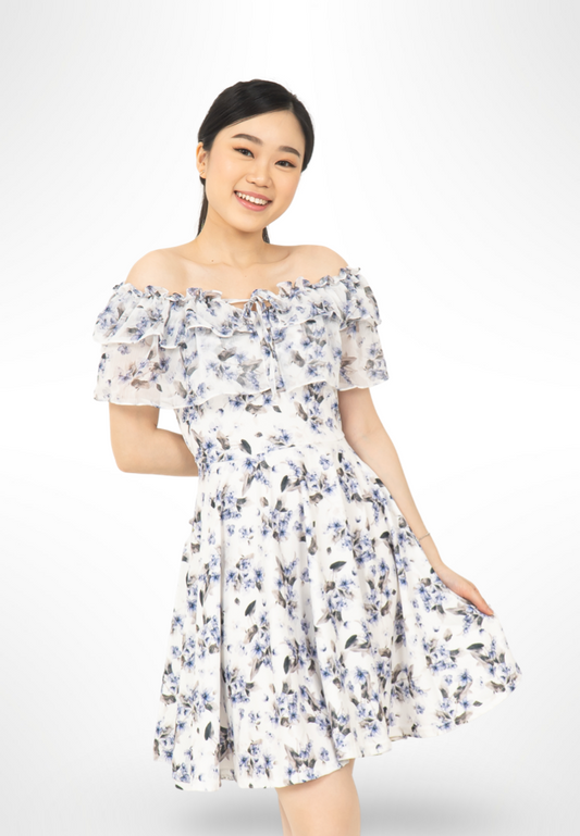 Blue Korean Sabrina Floral Dress